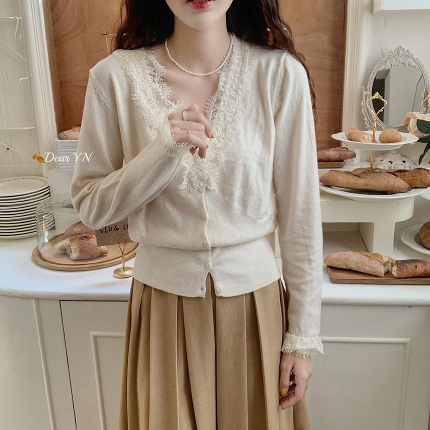 V-Neck Plain Lace Trim Button Up Cardigan