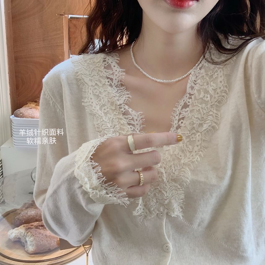 V-Neck Plain Lace Trim Button Up Cardigan