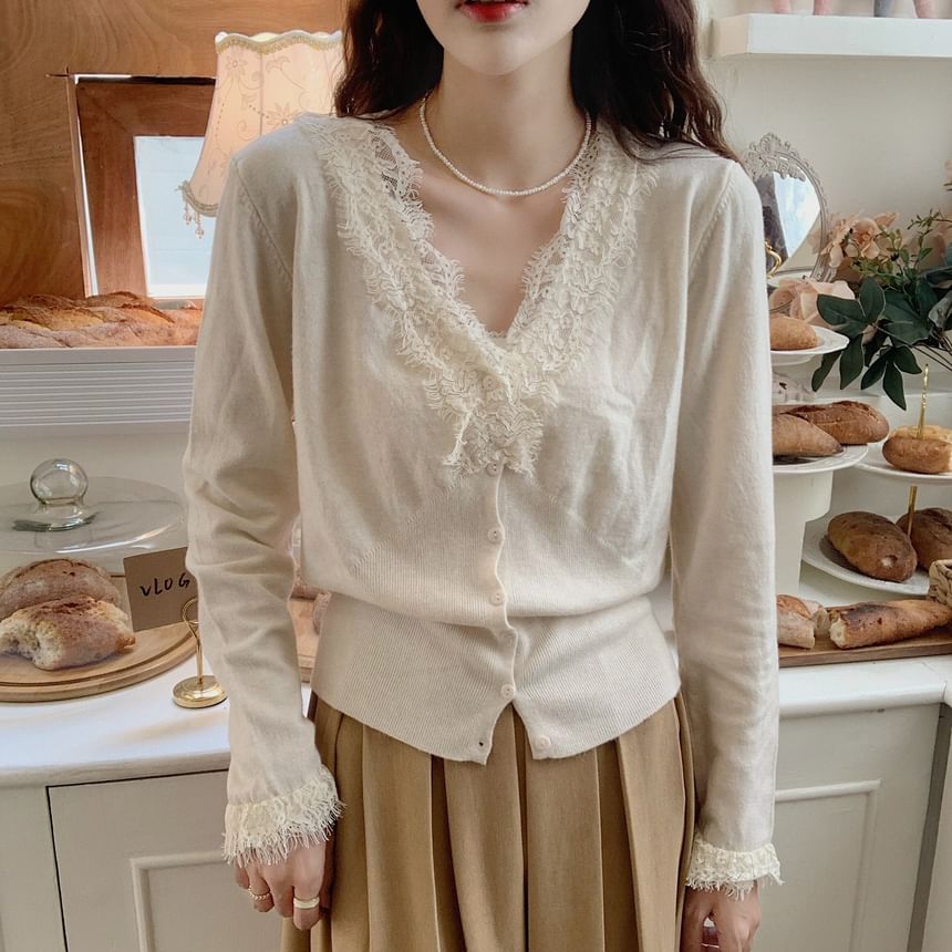 V-Neck Plain Lace Trim Button Up Cardigan