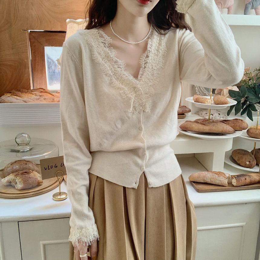 V-Neck Plain Lace Trim Button Up Cardigan