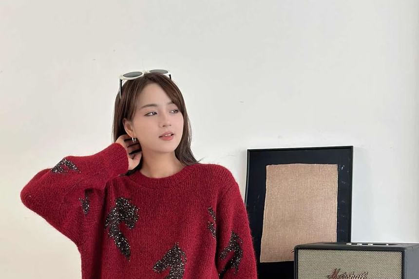Glittering Crewneck Sweater with All-Over Shine