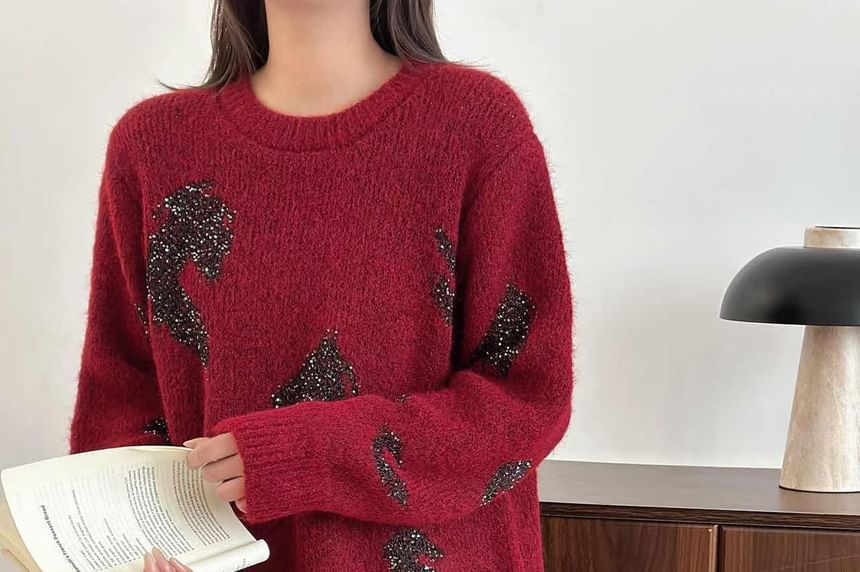 Glittering Crewneck Sweater with All-Over Shine
