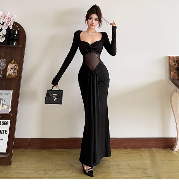 Long-Sleeve Sweetheart Neckline Sheer Panel Maxi Mermaid Dress