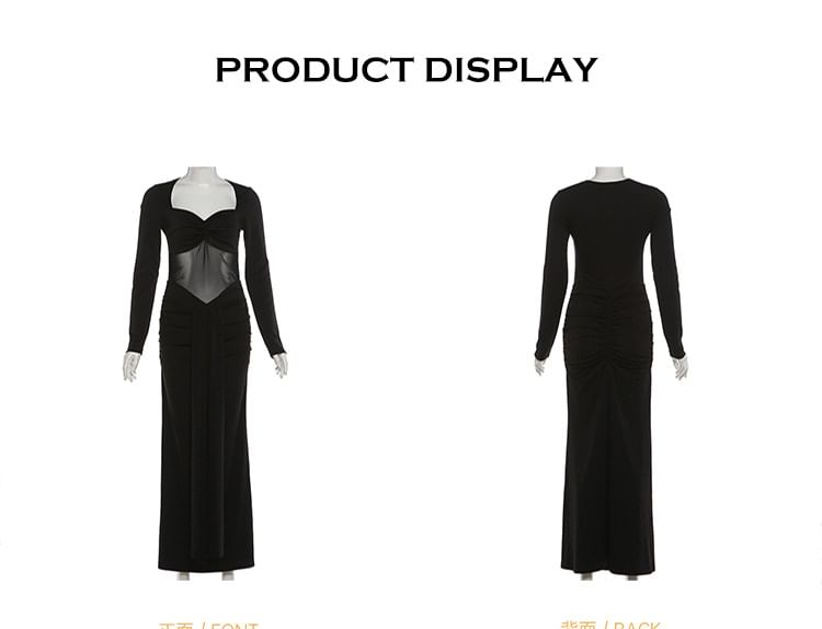 Long-Sleeve Sweetheart Neckline Sheer Panel Maxi Mermaid Dress