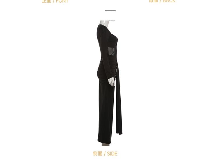 Long-Sleeve Sweetheart Neckline Sheer Panel Maxi Mermaid Dress