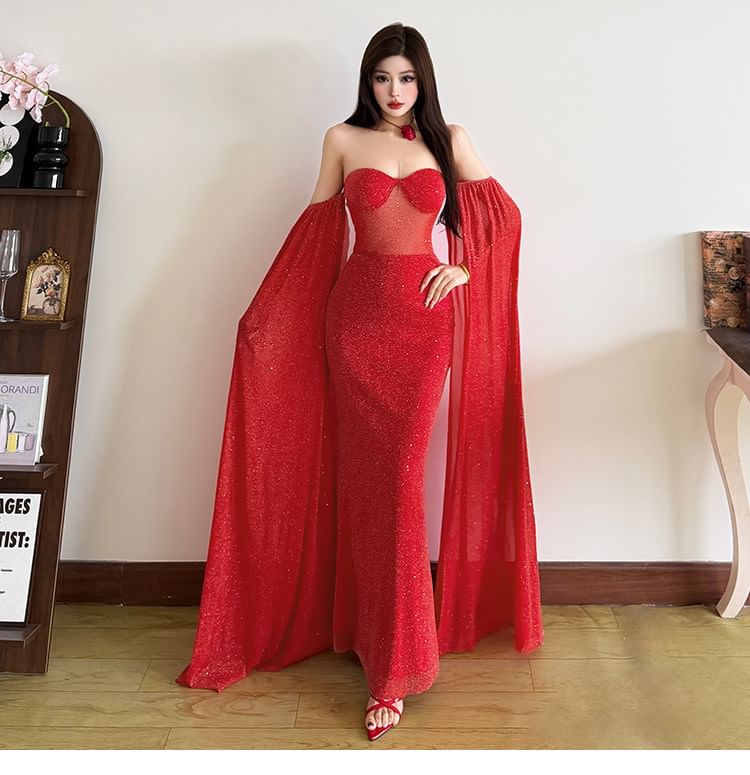 Off Shoulder Glitter Maxi Mermaid Dress