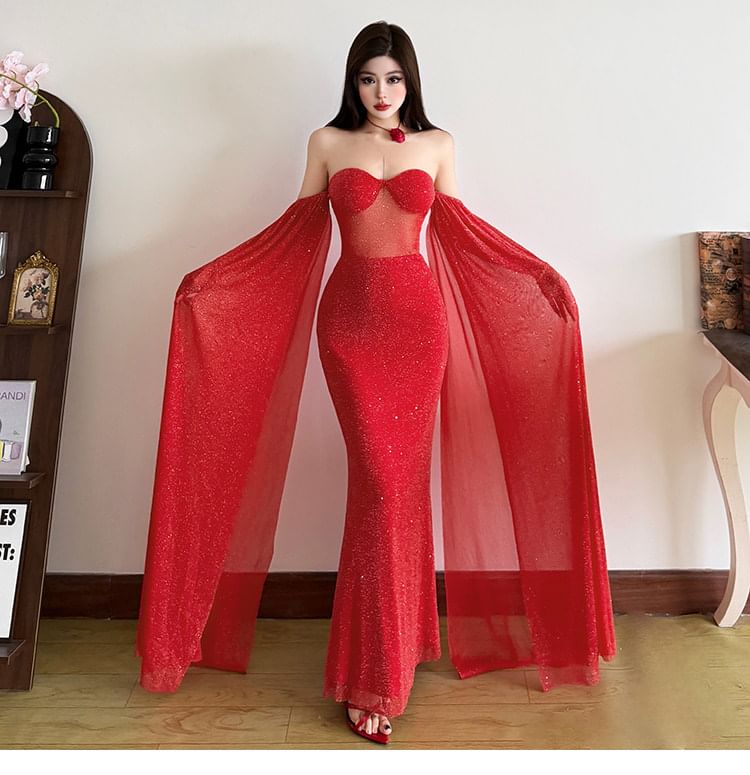 Off Shoulder Glitter Maxi Mermaid Dress