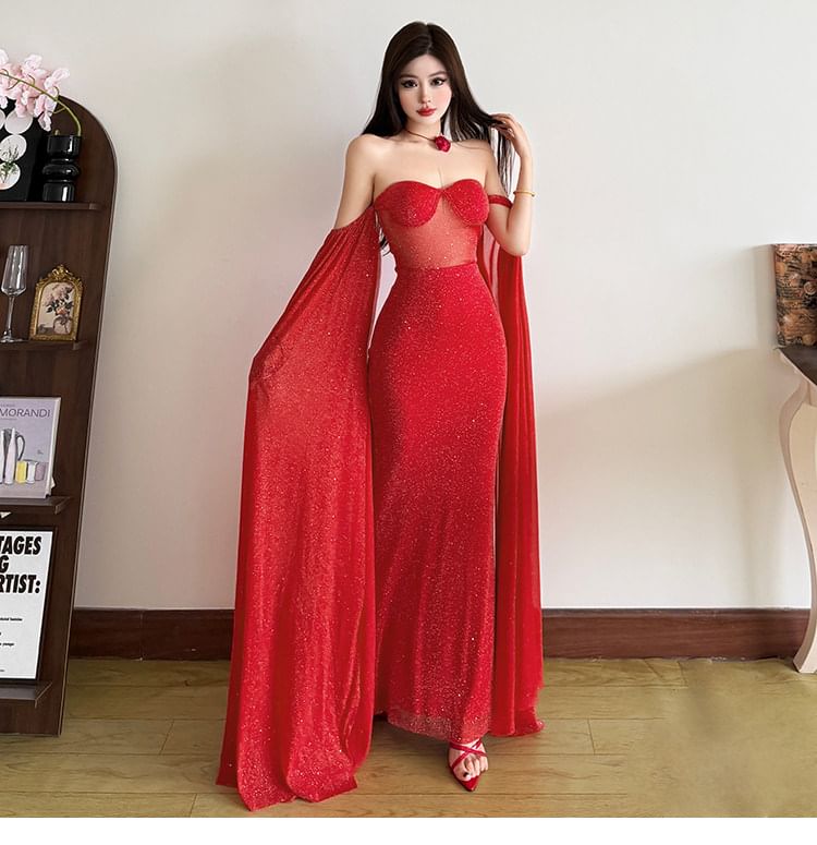 Off Shoulder Glitter Maxi Mermaid Dress