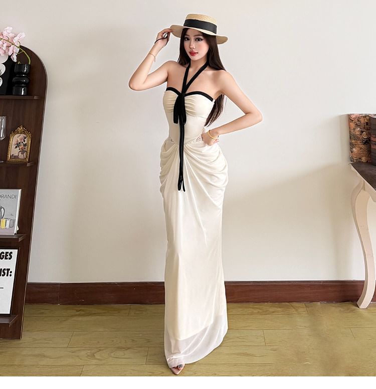 Halter Neck Contrast Trim Maxi Sheath Dress