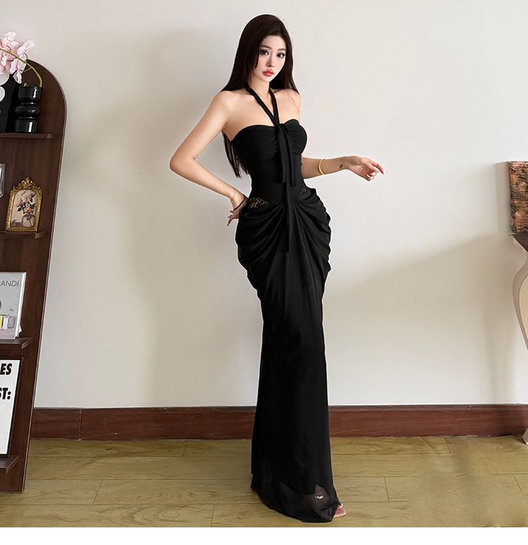 Halter Neck Contrast Trim Maxi Sheath Dress