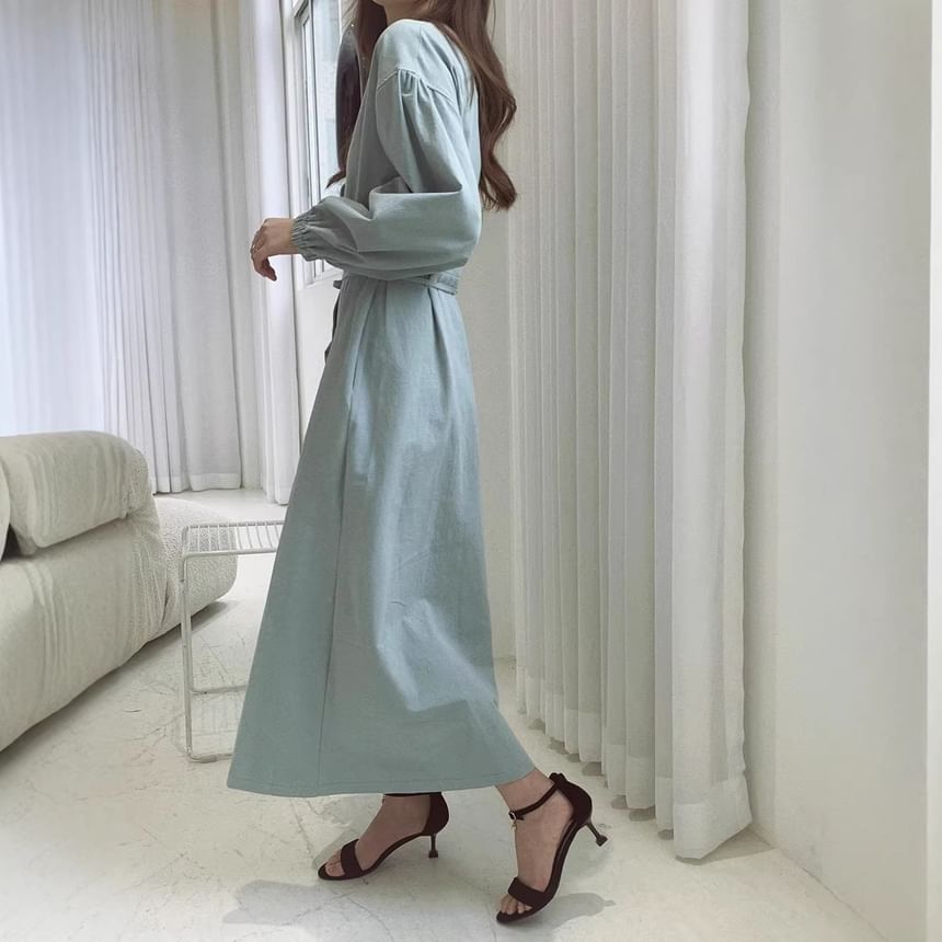 Long Sleeve V-Neck Plain Button Tie-Waist Maxi A-Line Dress