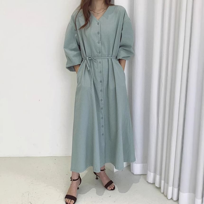 Long Sleeve V-Neck Plain Button Tie-Waist Maxi A-Line Dress