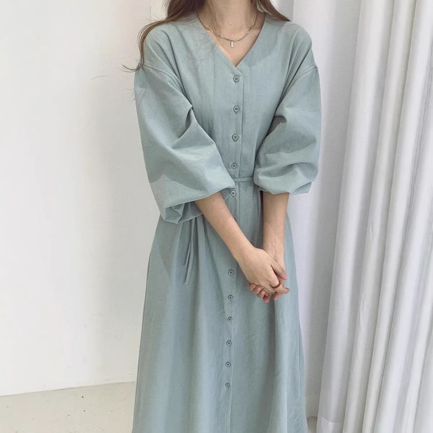 Long Sleeve V-Neck Plain Button Tie-Waist Maxi A-Line Dress