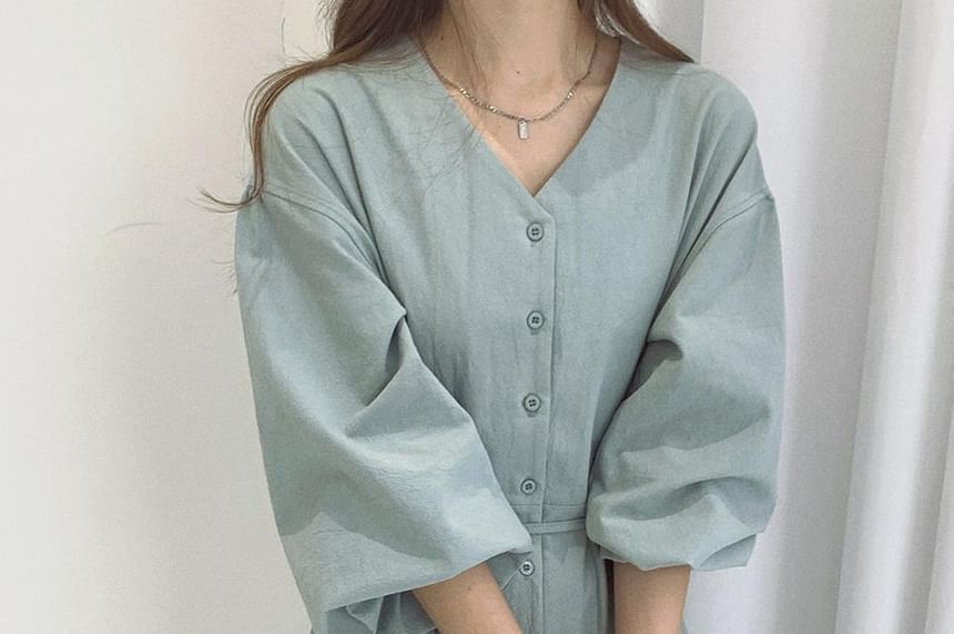 Long Sleeve V-Neck Plain Button Tie-Waist Maxi A-Line Dress