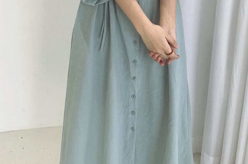 Long Sleeve V-Neck Plain Button Tie-Waist Maxi A-Line Dress