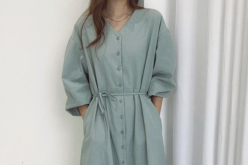 Long Sleeve V-Neck Plain Button Tie-Waist Maxi A-Line Dress