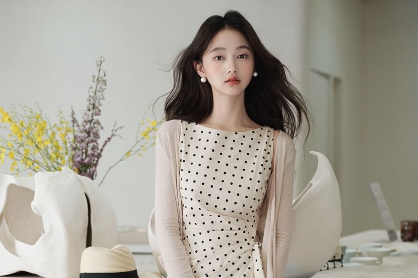 Sleeveless Round Neck Dotted Tie Waist Maxi A-Line Dress / Plain Button Up Cardigan / Set