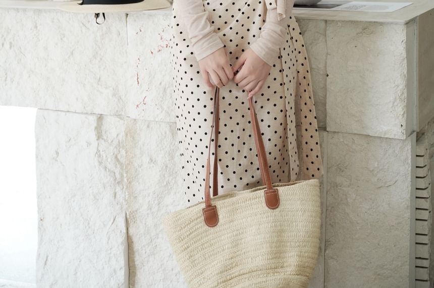 Sleeveless Round Neck Dotted Tie Waist Maxi A-Line Dress / Plain Button Up Cardigan / Set