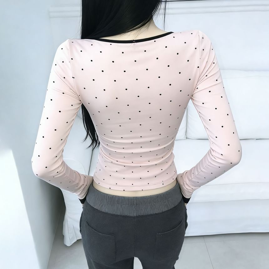 Dotted Crop Top with Lace Trim V-Neck and Long Sleeves