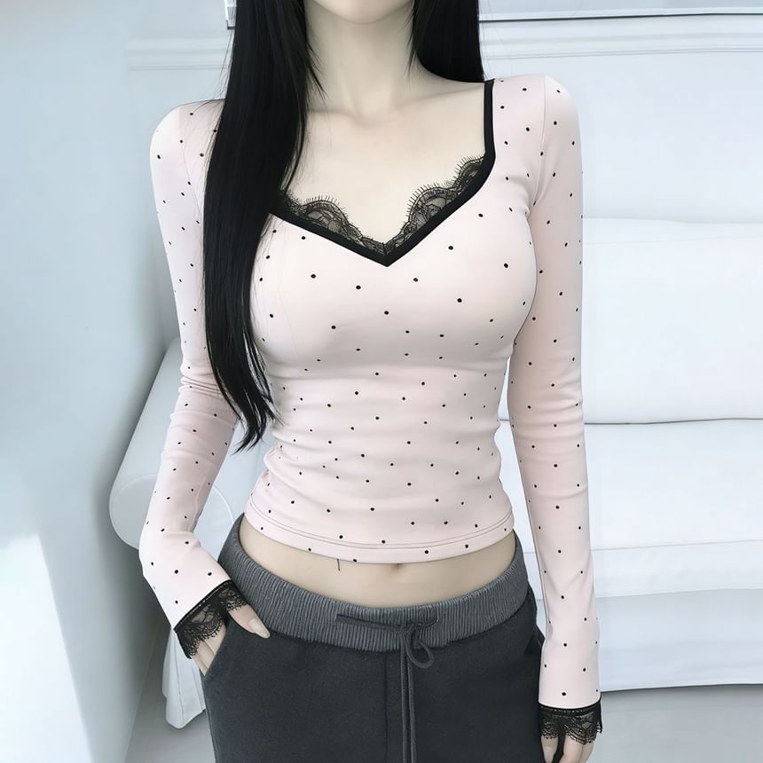 Dotted Crop Top with Lace Trim V-Neck and Long Sleeves