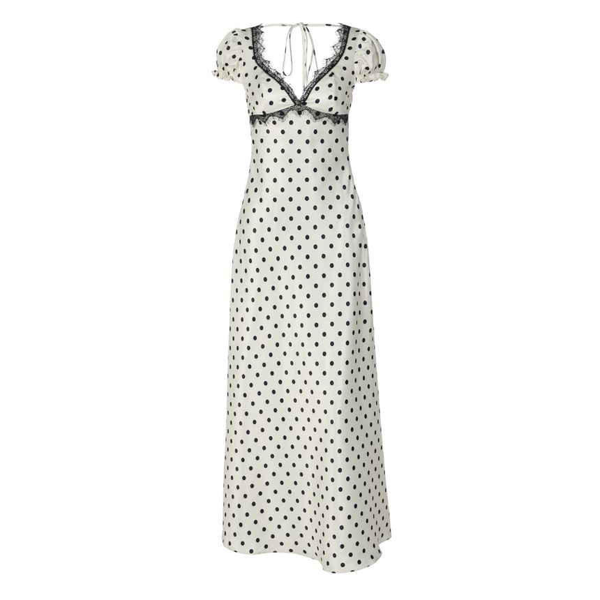 Puff Sleeve V-Neck Lace-Trim Dotted Open-Back Slim-Fit Maxi Bodycon Dress
