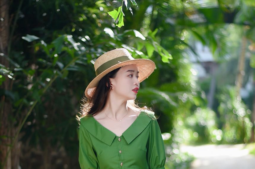 Elbow-Sleeve V-Neck Collared Plain Maxi A-Line Dress