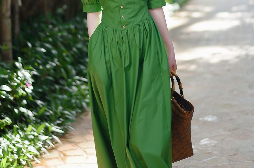 Elbow-Sleeve V-Neck Collared Plain Maxi A-Line Dress