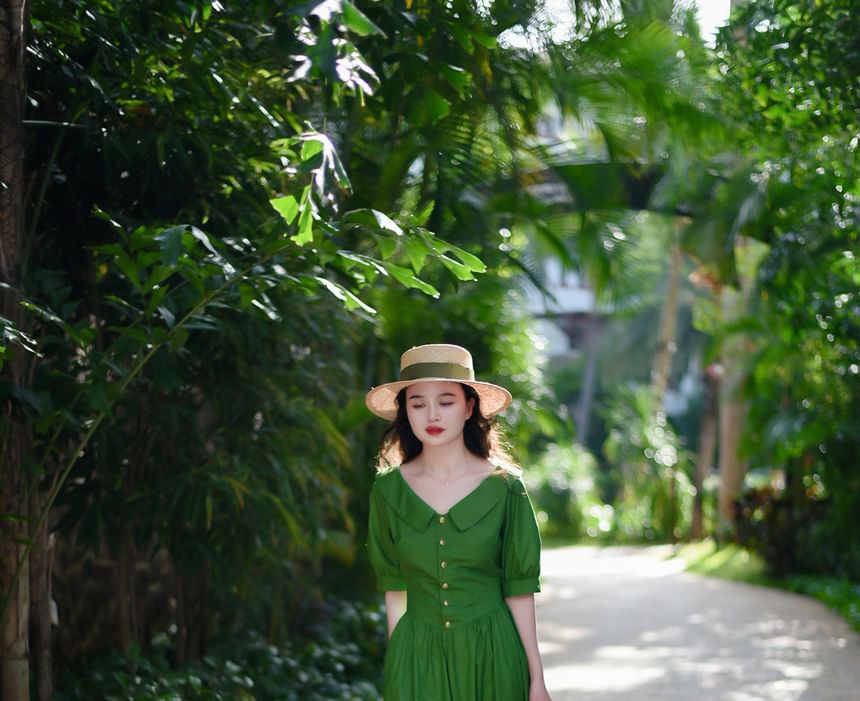 Elbow-Sleeve V-Neck Collared Plain Maxi A-Line Dress