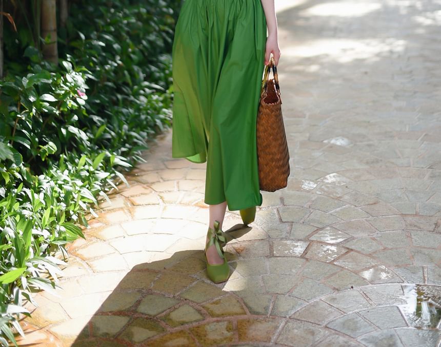 Elbow-Sleeve V-Neck Collared Plain Maxi A-Line Dress