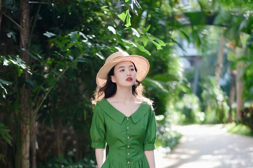 Elbow-Sleeve V-Neck Collared Plain Maxi A-Line Dress