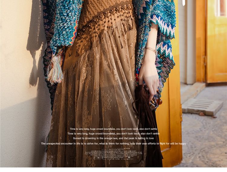 Crochet Frayed Cape / Spaghetti Strap V-Neck Maxi A-Line Dress