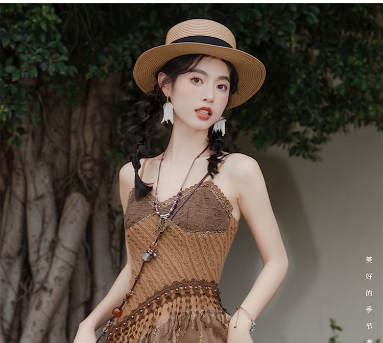 Crochet Frayed Cape / Spaghetti Strap V-Neck Maxi A-Line Dress