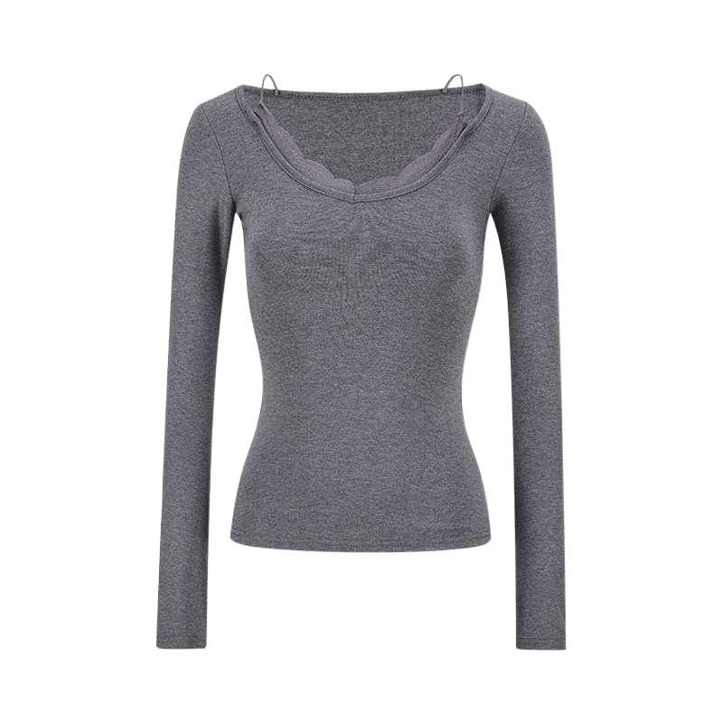 Slim Fit Lace Panel V-Neck Tee with Mock Two-Piece Design
