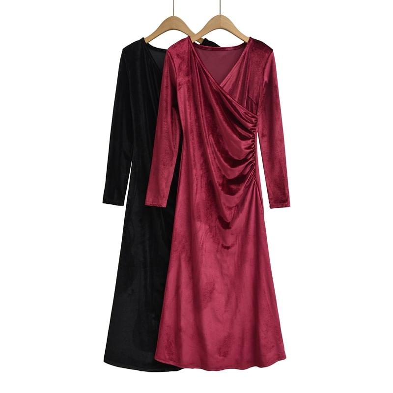 Long Sleeve V-Neck Plain Ruched Velvet Maxi A-Line Wrap Dress