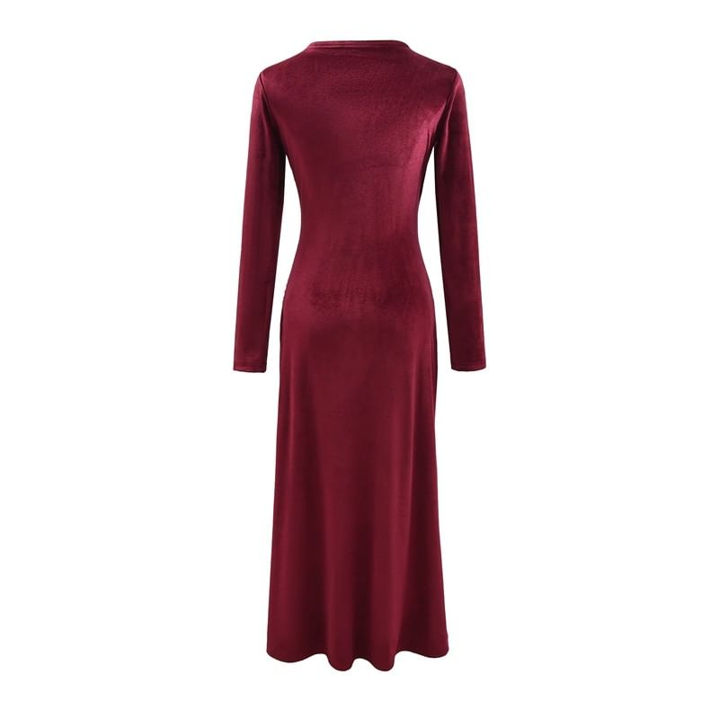 Long Sleeve V-Neck Plain Ruched Velvet Maxi A-Line Wrap Dress