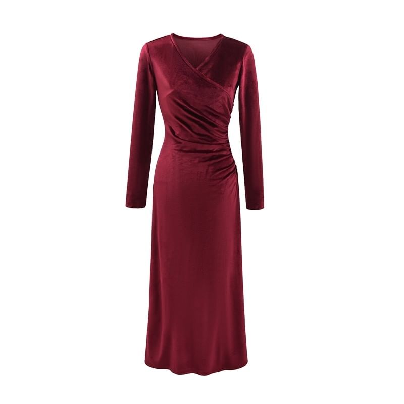Long Sleeve V-Neck Plain Ruched Velvet Maxi A-Line Wrap Dress