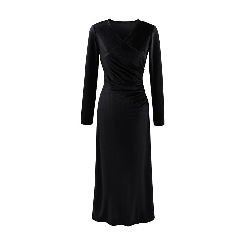 Long Sleeve V-Neck Plain Ruched Velvet Maxi A-Line Wrap Dress