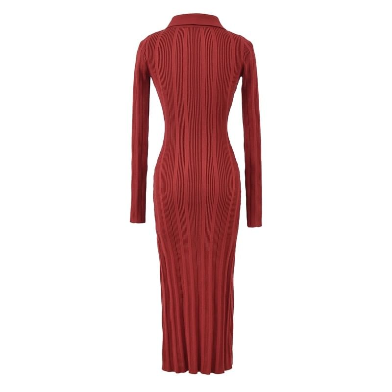 Long Sleeve Collared Plain Cutout Ribbed Knit Maxi Sheath Dress