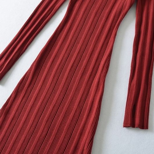 Long Sleeve Collared Plain Cutout Ribbed Knit Maxi Sheath Dress