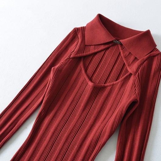 Long Sleeve Collared Plain Cutout Ribbed Knit Maxi Sheath Dress