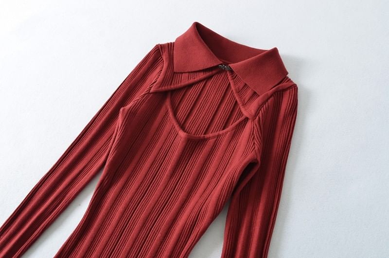Long Sleeve Collared Plain Cutout Ribbed Knit Maxi Sheath Dress