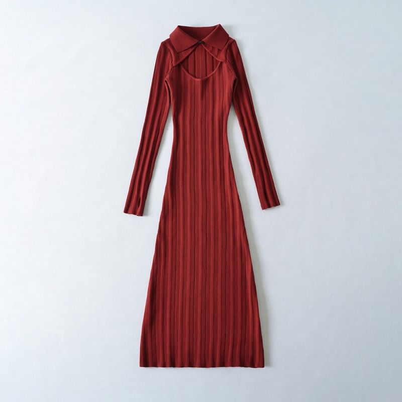 Long Sleeve Collared Plain Cutout Ribbed Knit Maxi Sheath Dress