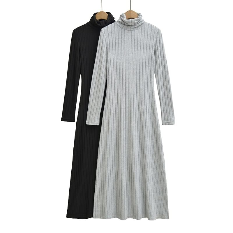 Long Sleeve Mock Neck Plain Ribbed Maxi A-Line Dress