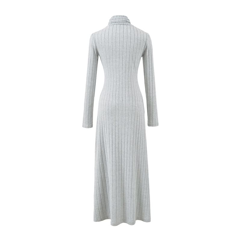 Long Sleeve Mock Neck Plain Ribbed Maxi A-Line Dress