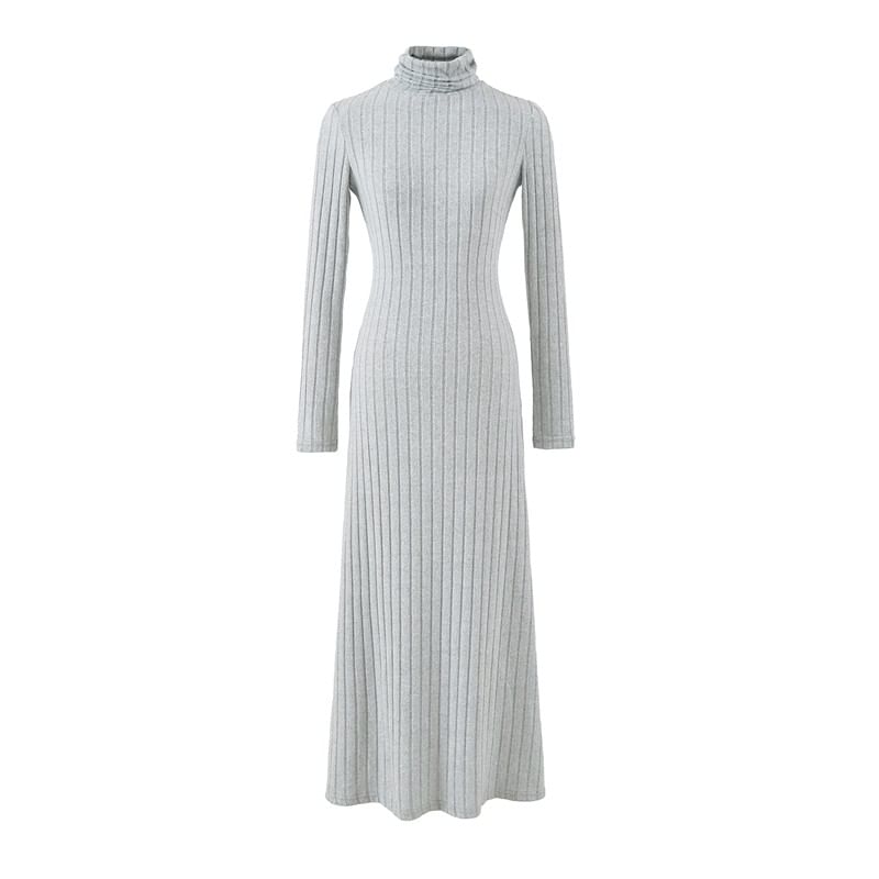Long Sleeve Mock Neck Plain Ribbed Maxi A-Line Dress