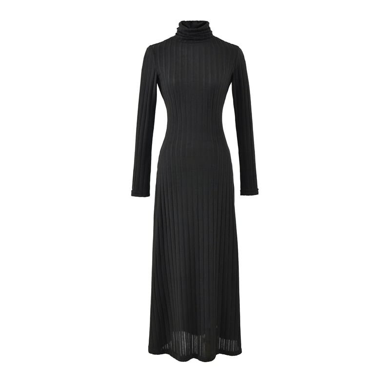 Long Sleeve Mock Neck Plain Ribbed Maxi A-Line Dress