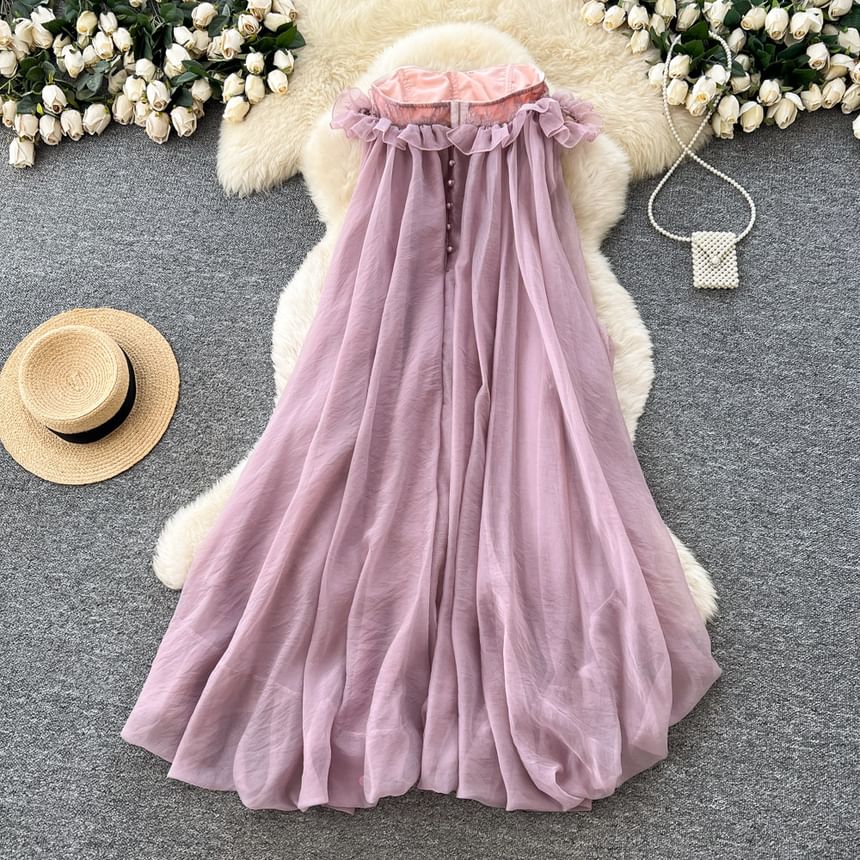 Strapless Plain Ruffle Hem Maxi A-Line Dress