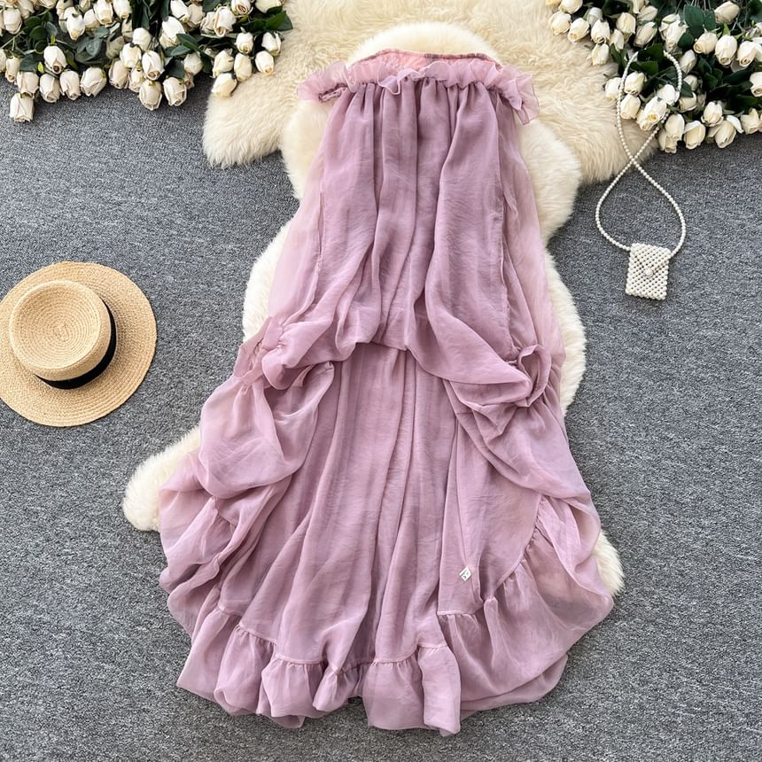 Strapless Plain Ruffle Hem Maxi A-Line Dress