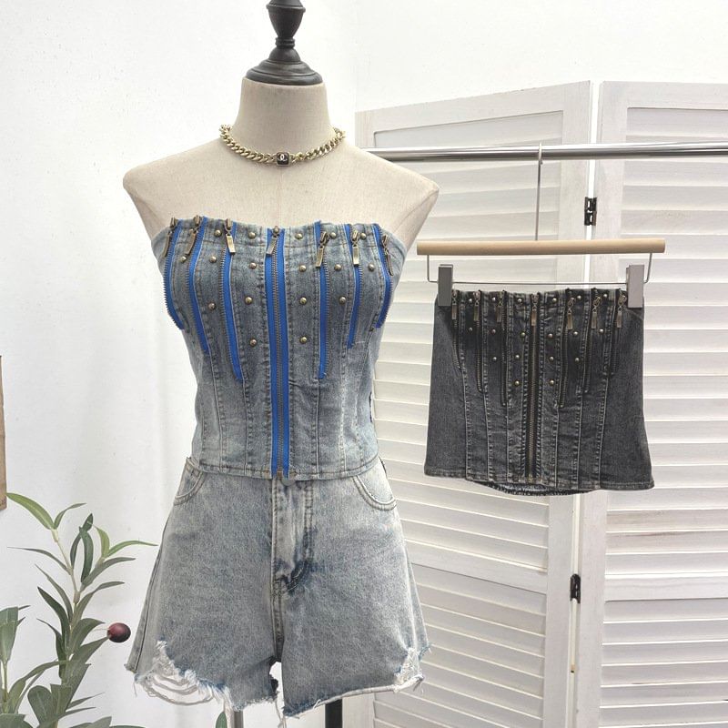 Multi-Zipper Studded Denim Strapless Corset