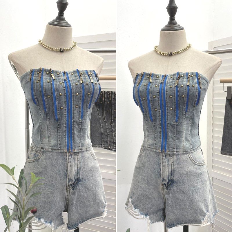 Multi-Zipper Studded Denim Strapless Corset